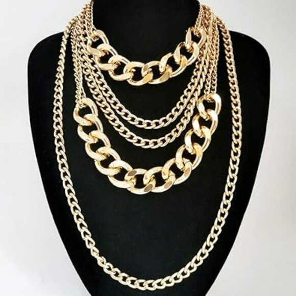 Jewelry - Gold Chunky Necklace Multilayer Collar Necklace Gold Stunning Statement Fashion
